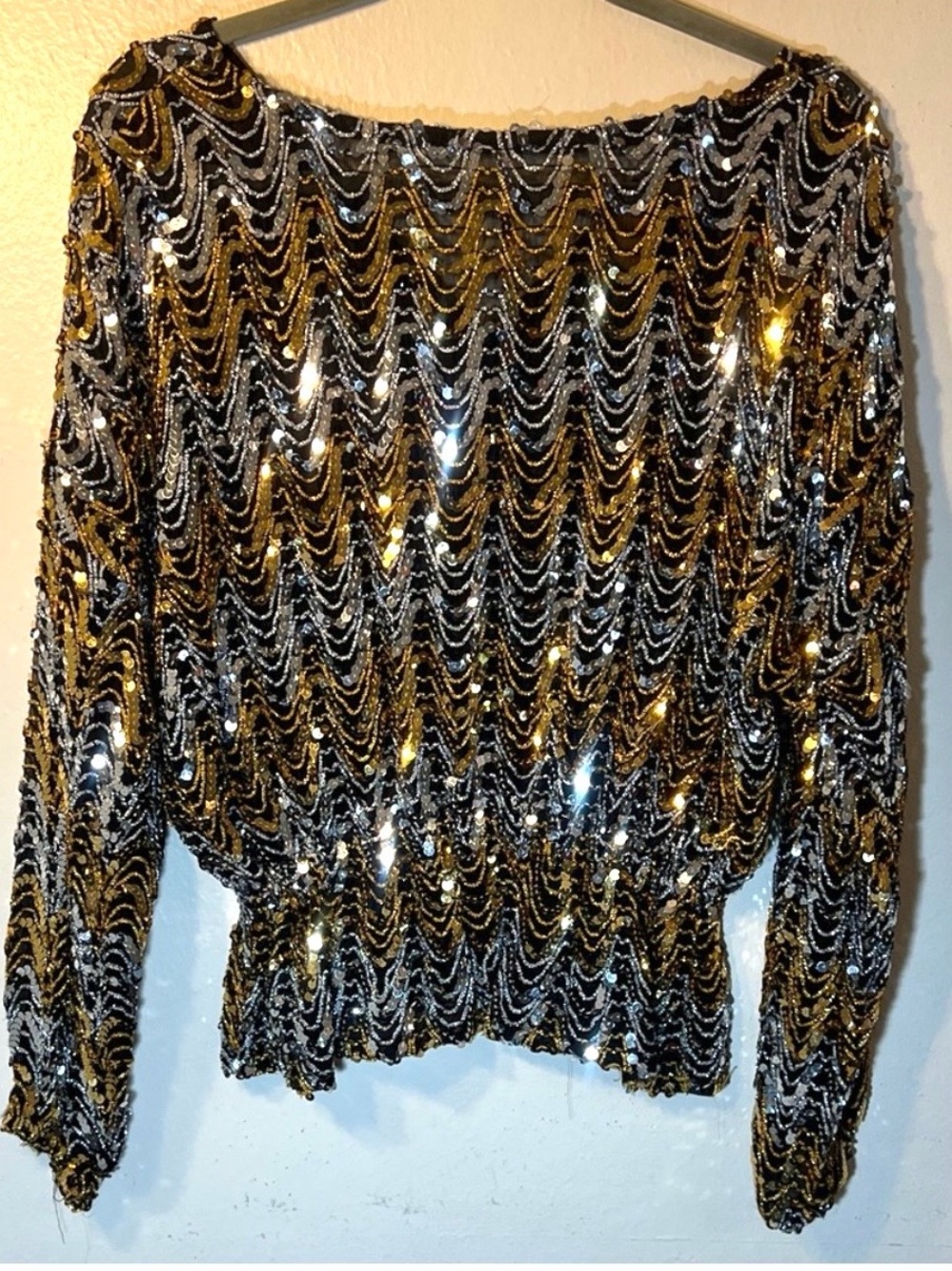 Vintage Gold and Silver Sequin Cinched Waist Long Sleeve Blouse Small Medium